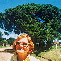 Myrta Rosales (nom de jeune fille) de Pucci (nom du mari ), descendante de la famille Barlaray (VS), devant l'arbre qu'auraient plant&eacute;s les premiers colons suisses en 1856, Baradero, novembre 1998. Photo Christophe Mauron.
